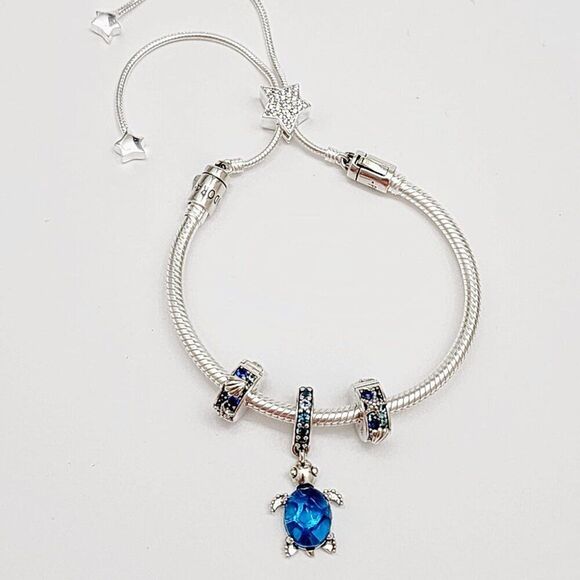 Pandora Adjustable Pave Star Bracelet with Turtle Charm and 2 Clips - Picture 1 of 6